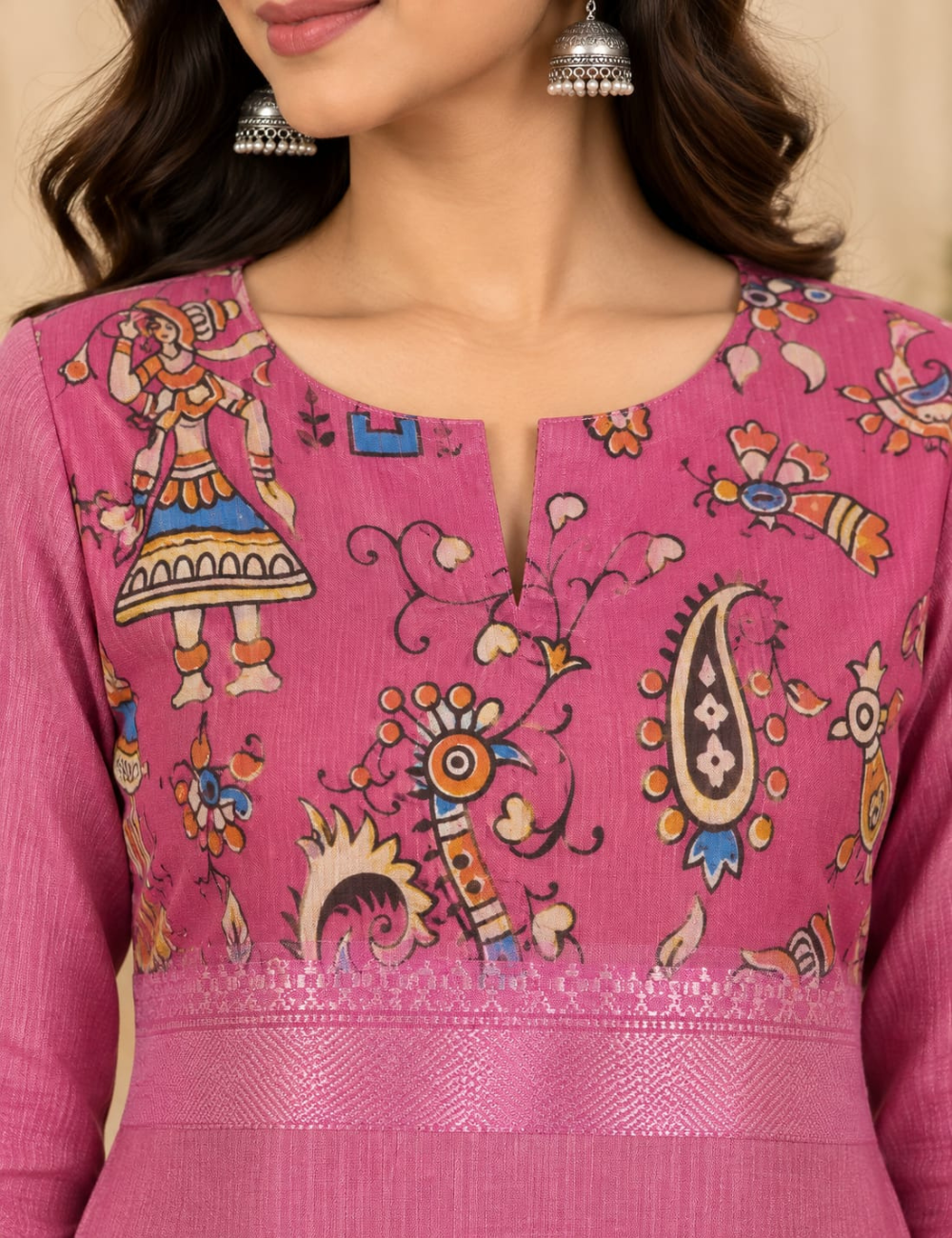 Mauve Pink Side Cut Kurti with Kalamkari Yoke Art & Side Pocket HCK38