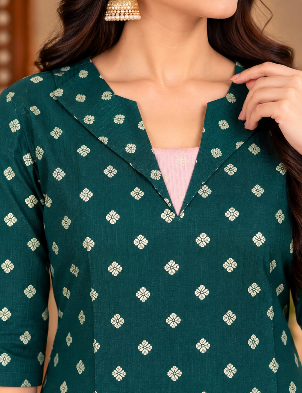 Deep Emerald Green Side Cut Kurti with Lapel Collar & Side Pocket HCK39