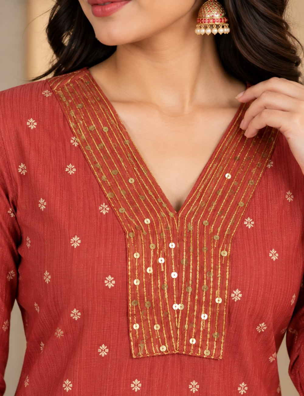 Brick Red Side Cut Kurti with Sequined V-Neckline & Foil Print HCK34