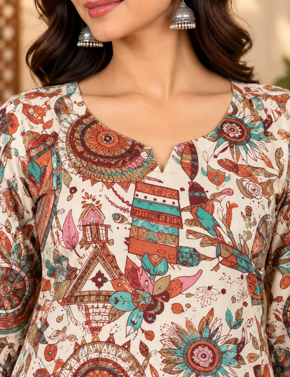 Beige Side Cut Kurti with Kalamkari Mandalas & Village Art Print HCK40