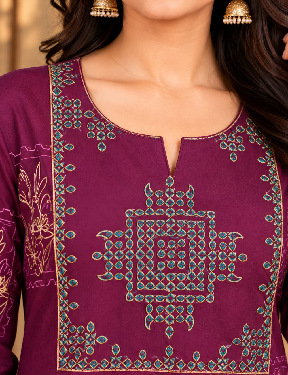 Plum Purple Side Cut Kurti with Neck Kolam Embroidery & Stamp Floral Print HCK41