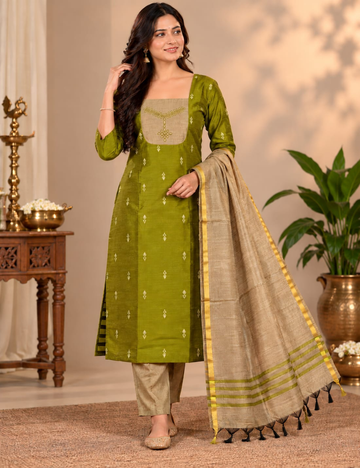 Olive Green Raw Silk 3-Piece Set: Neck Kolam Embroidery & Dupatta HC3P38