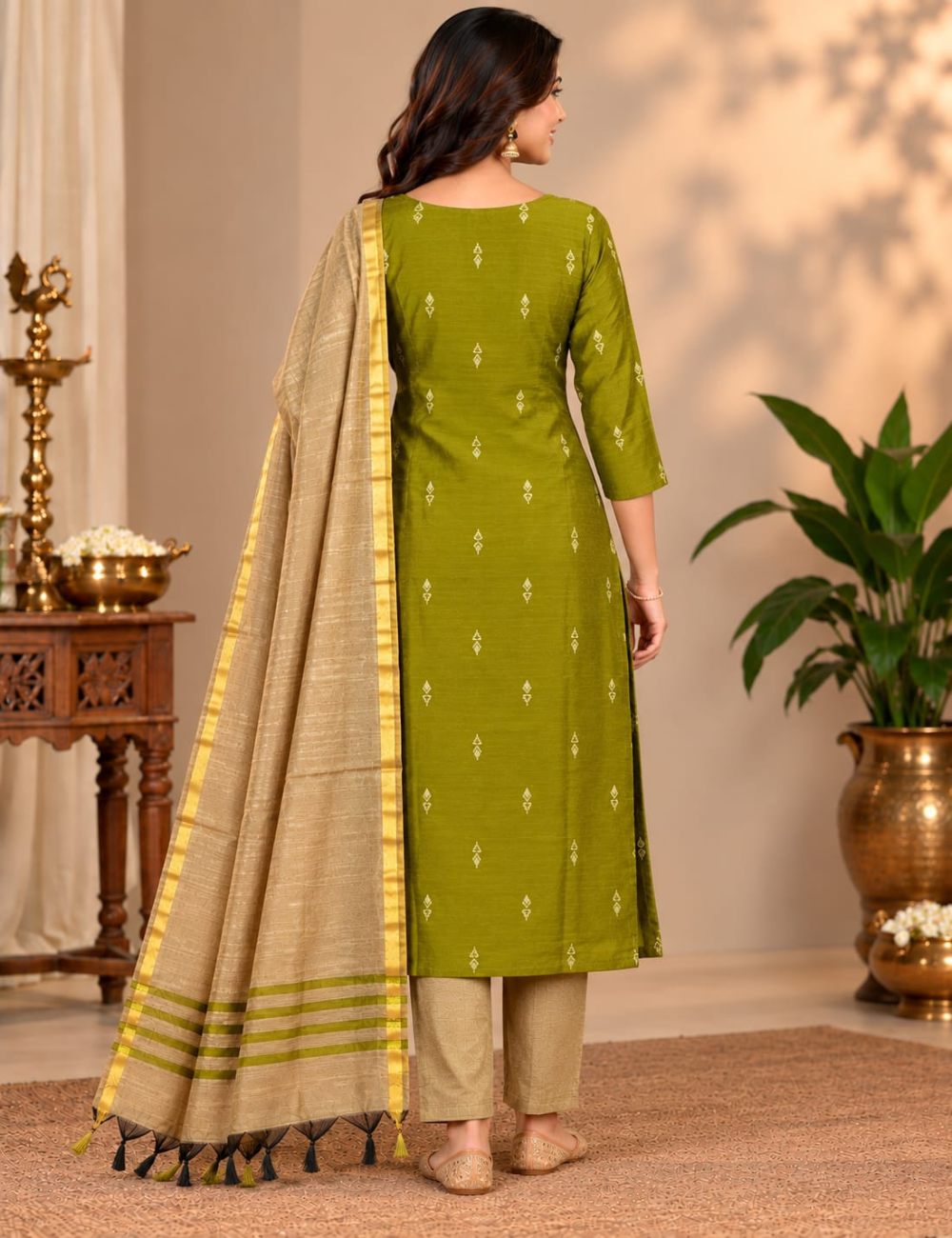 Olive Green Raw Silk 3-Piece Set: Neck Kolam Embroidery & Dupatta HC3P38