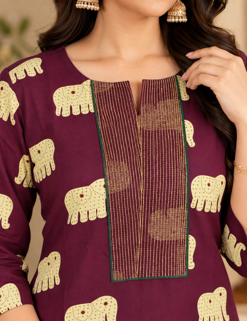 Dark Raspberry Side Cut Kurti with Striped Yoke & Traditional Elephant Print HCK35