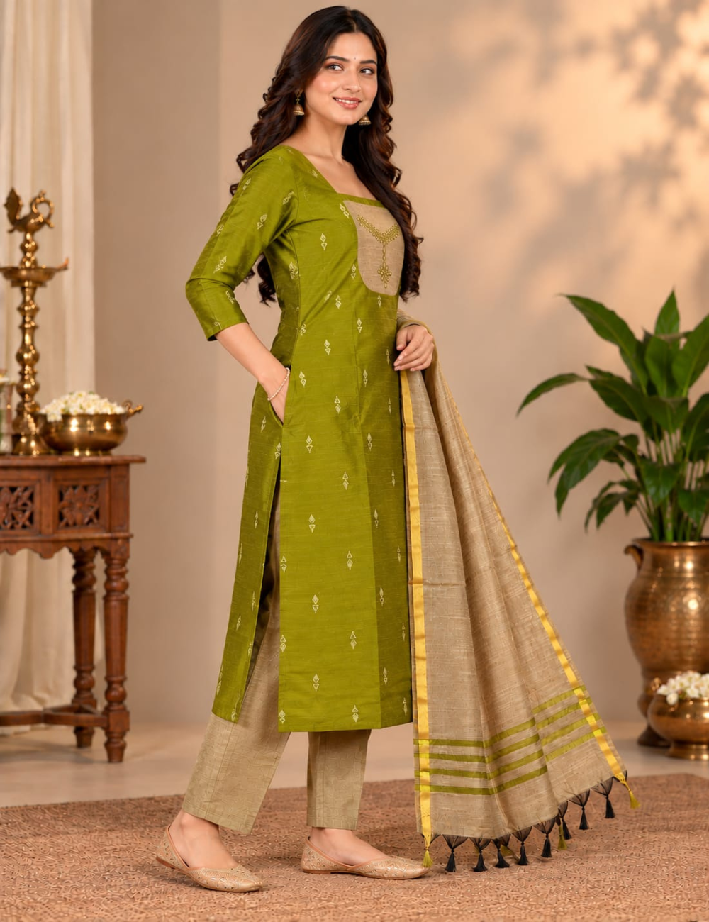 Olive Green Raw Silk 3-Piece Set: Neck Kolam Embroidery & Dupatta HC3P38