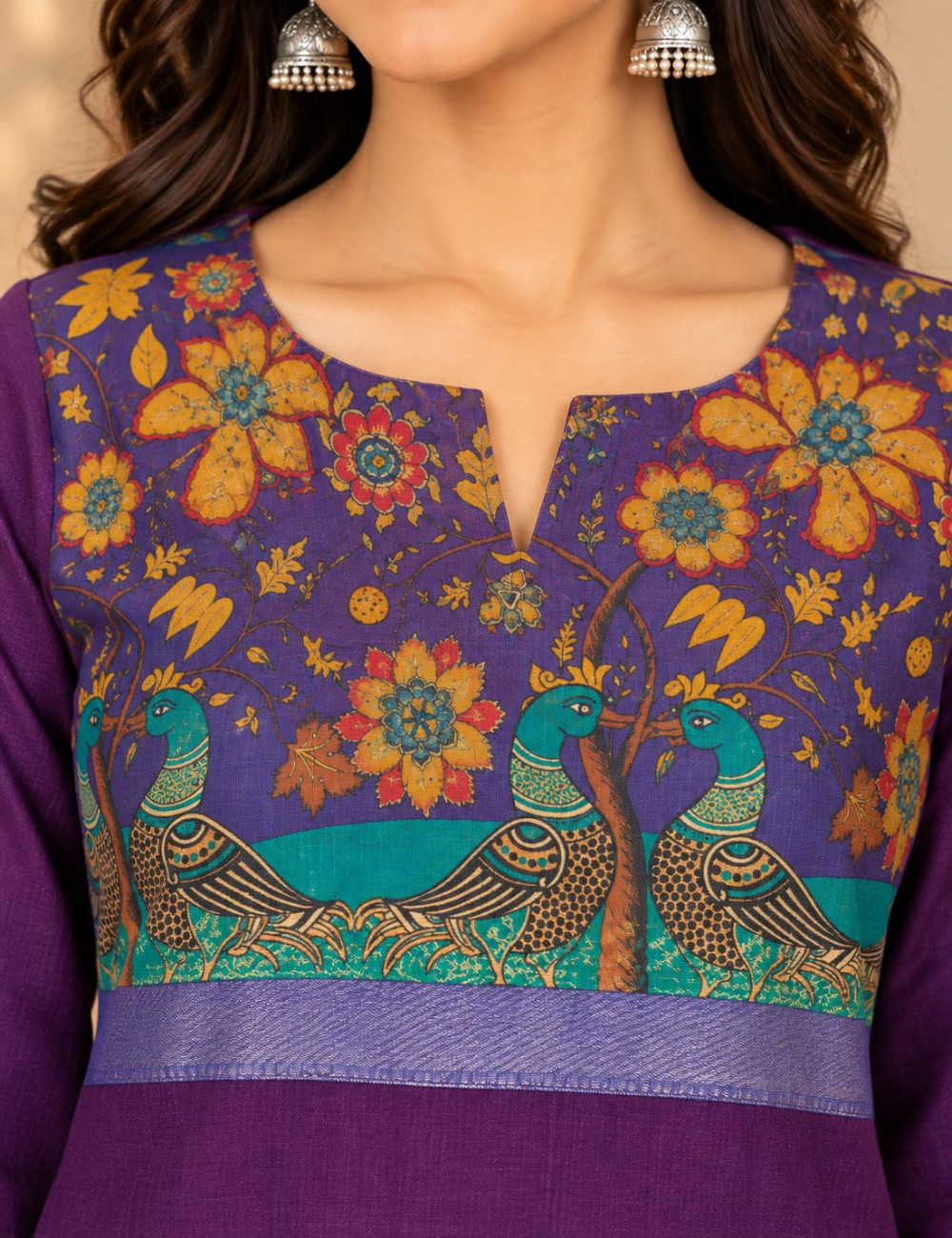 Dark Violet Side Cut Kurti with Kalamkari Peacock Printed Yoke & Pocket HCK36