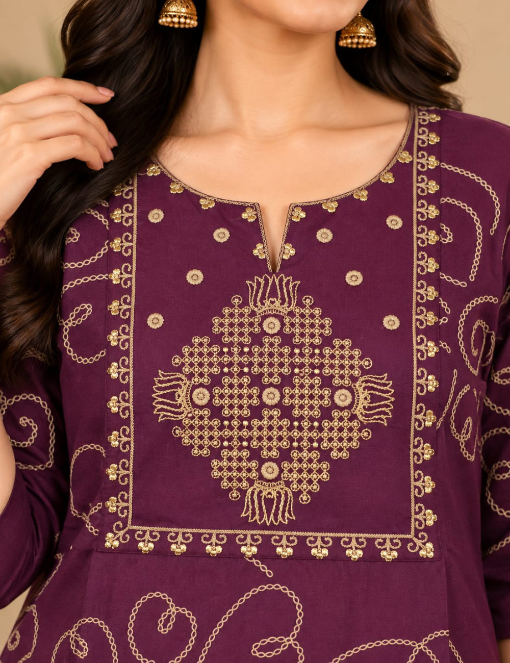 Dark Plum Side Cut Kurti with Golden Floral Yoke Embroidery & Pocket HCK30