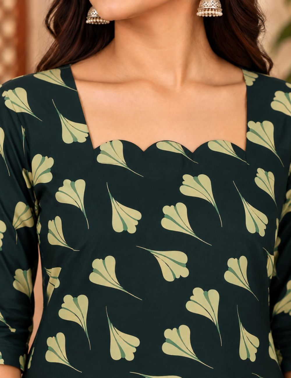 Bottle Green Side Cut Kurti with Scalloped Neckline & Leaf Motif Print HCK32