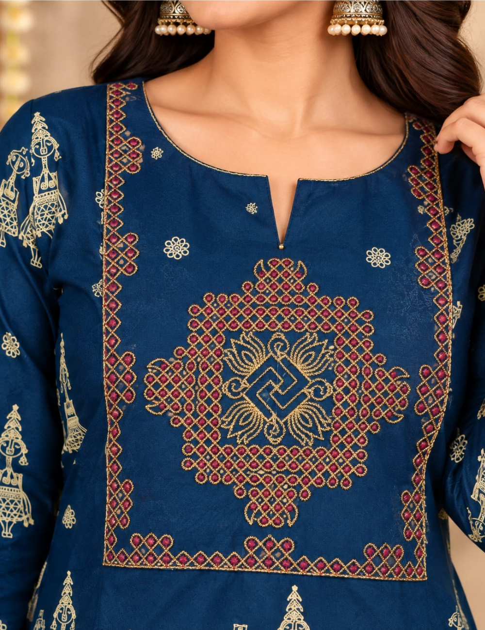 Dark Blue Side Cut Kurti with Traditional Yoke Embroidery & Side Pocket HCK33