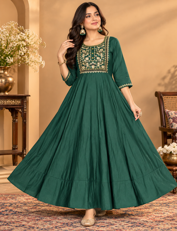 Alpine Green Vatican Embroidered Flared Umbrella Kurti HCU04
