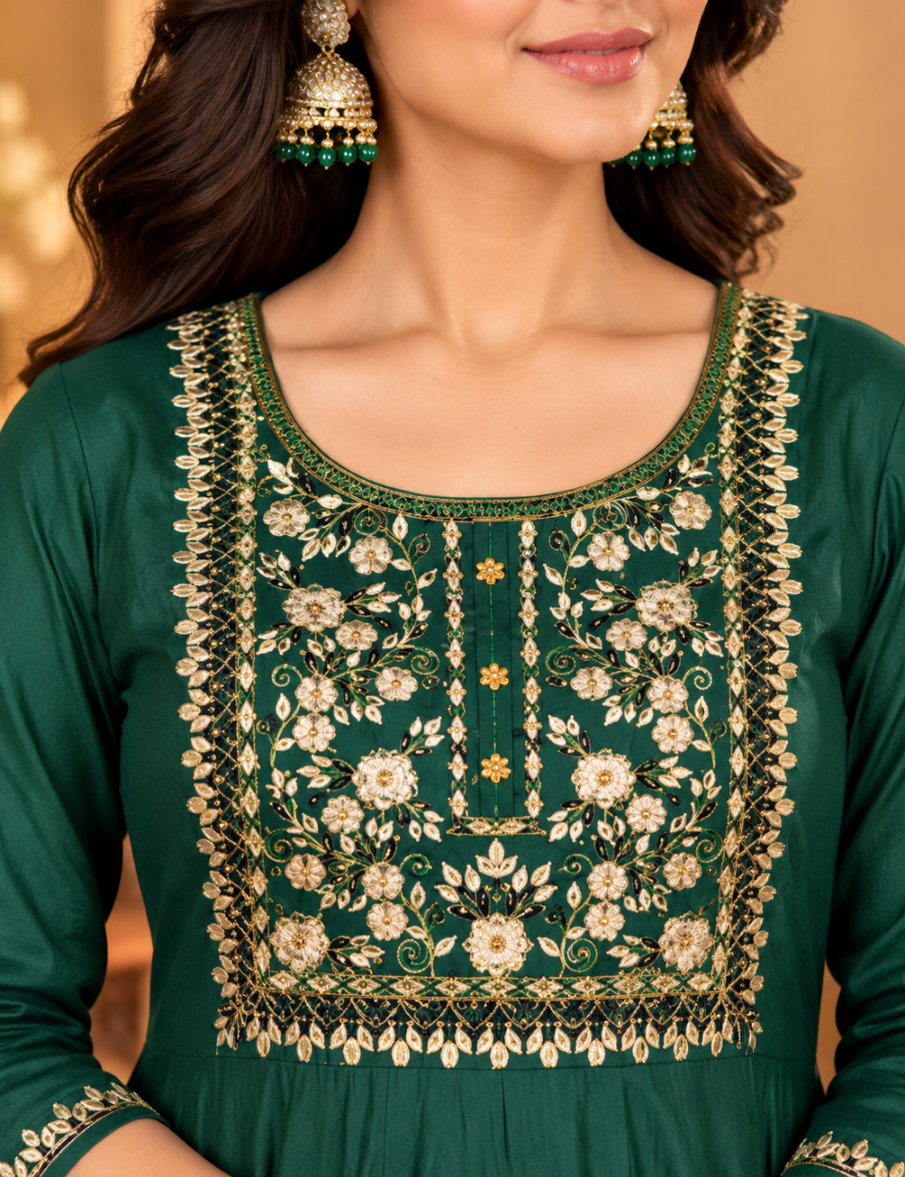 Alpine Green Vatican Embroidered Flared Umbrella Kurti HCU04