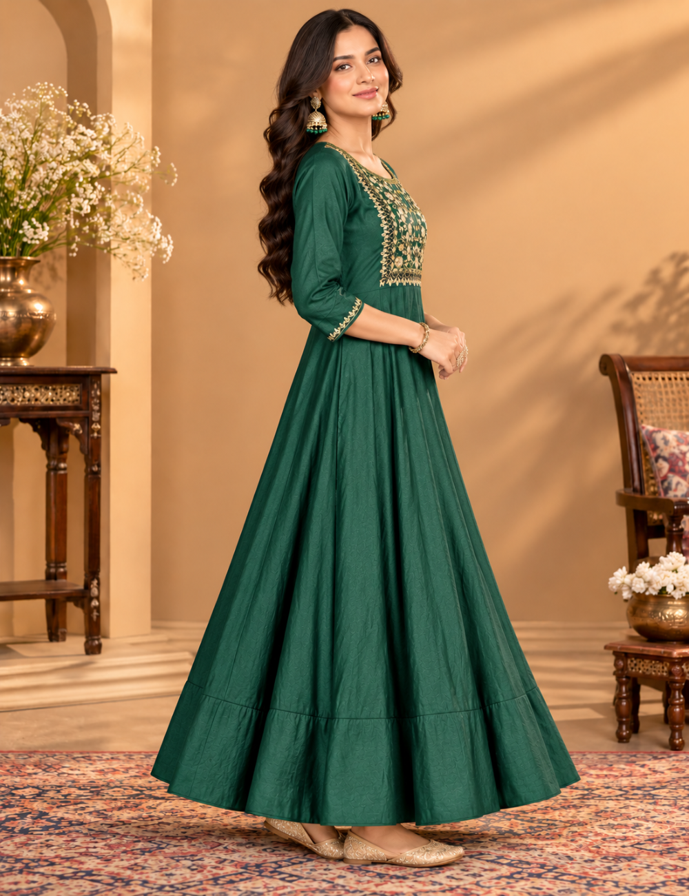 Alpine Green Vatican Embroidered Flared Umbrella Kurti HCU04