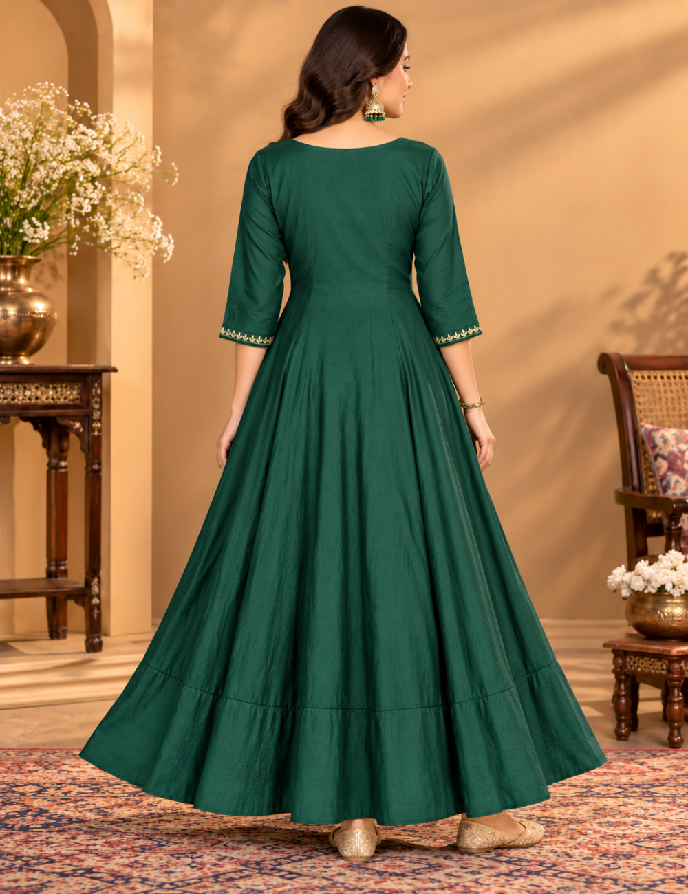 Alpine Green Vatican Embroidered Flared Umbrella Kurti HCU04