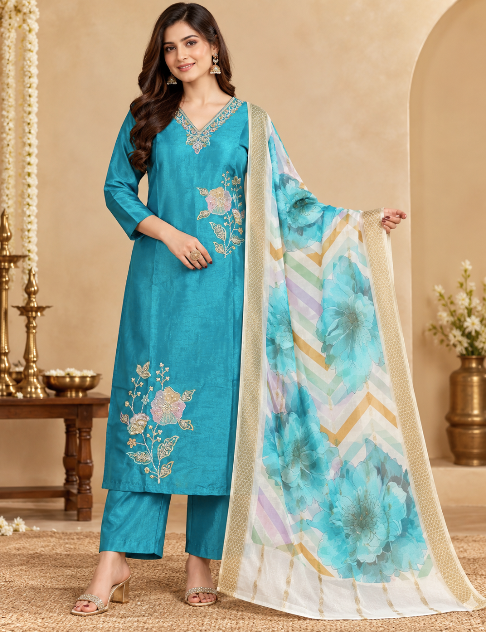Azure Blue Embroidered 3 Pc's Kurti: Matching Trousers & Digital Printed Dupatta Set HC3P03