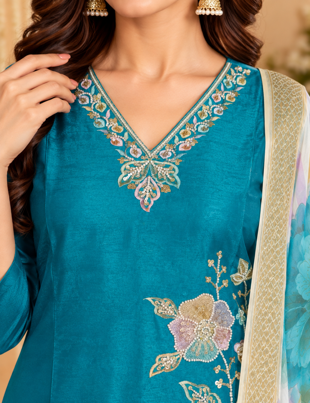 Azure Blue Embroidered 3 Pc's Kurti: Matching Trousers & Digital Printed Dupatta Set HC3P03