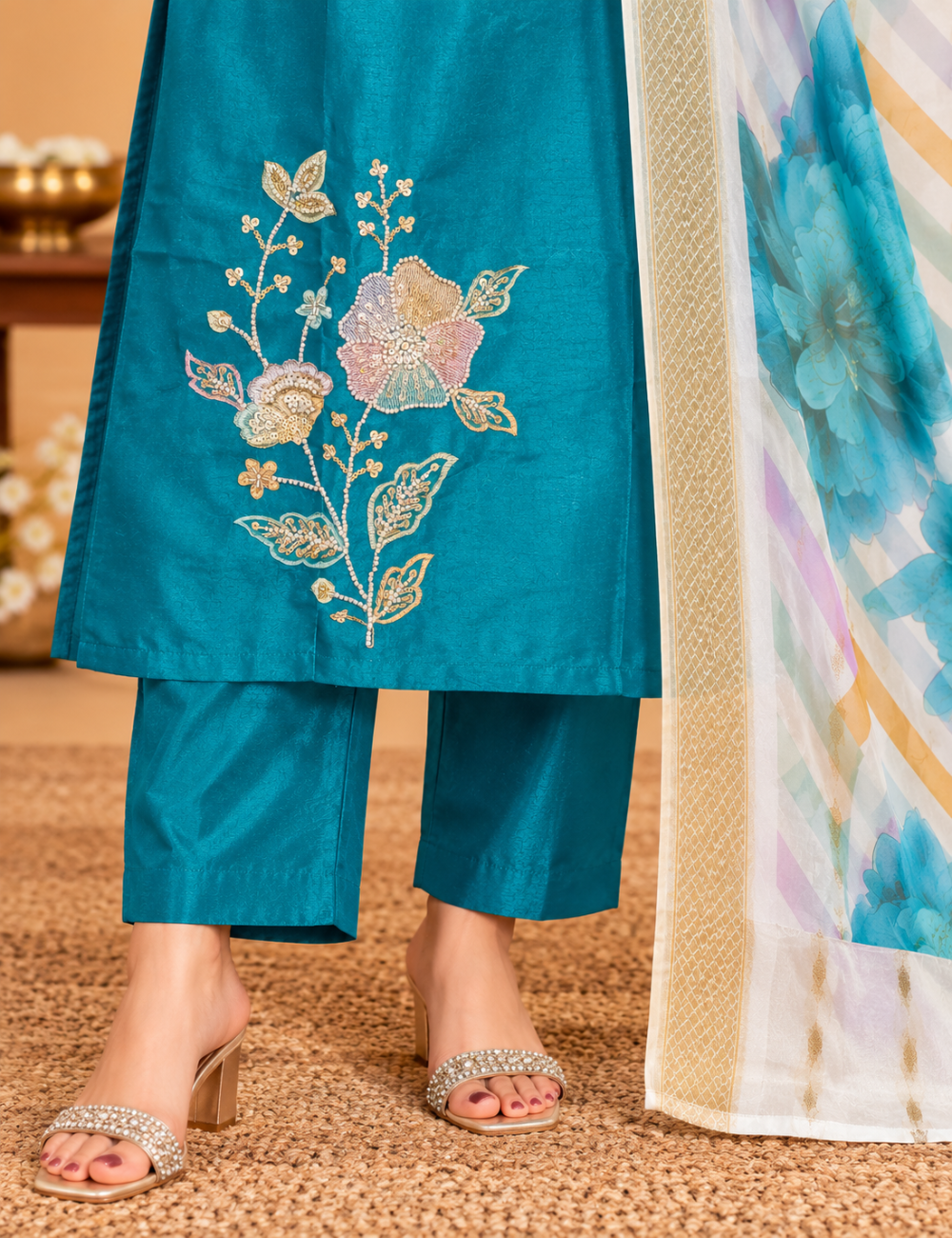 Azure Blue Embroidered 3 Pc's Kurti: Matching Trousers & Digital Printed Dupatta Set HC3P03