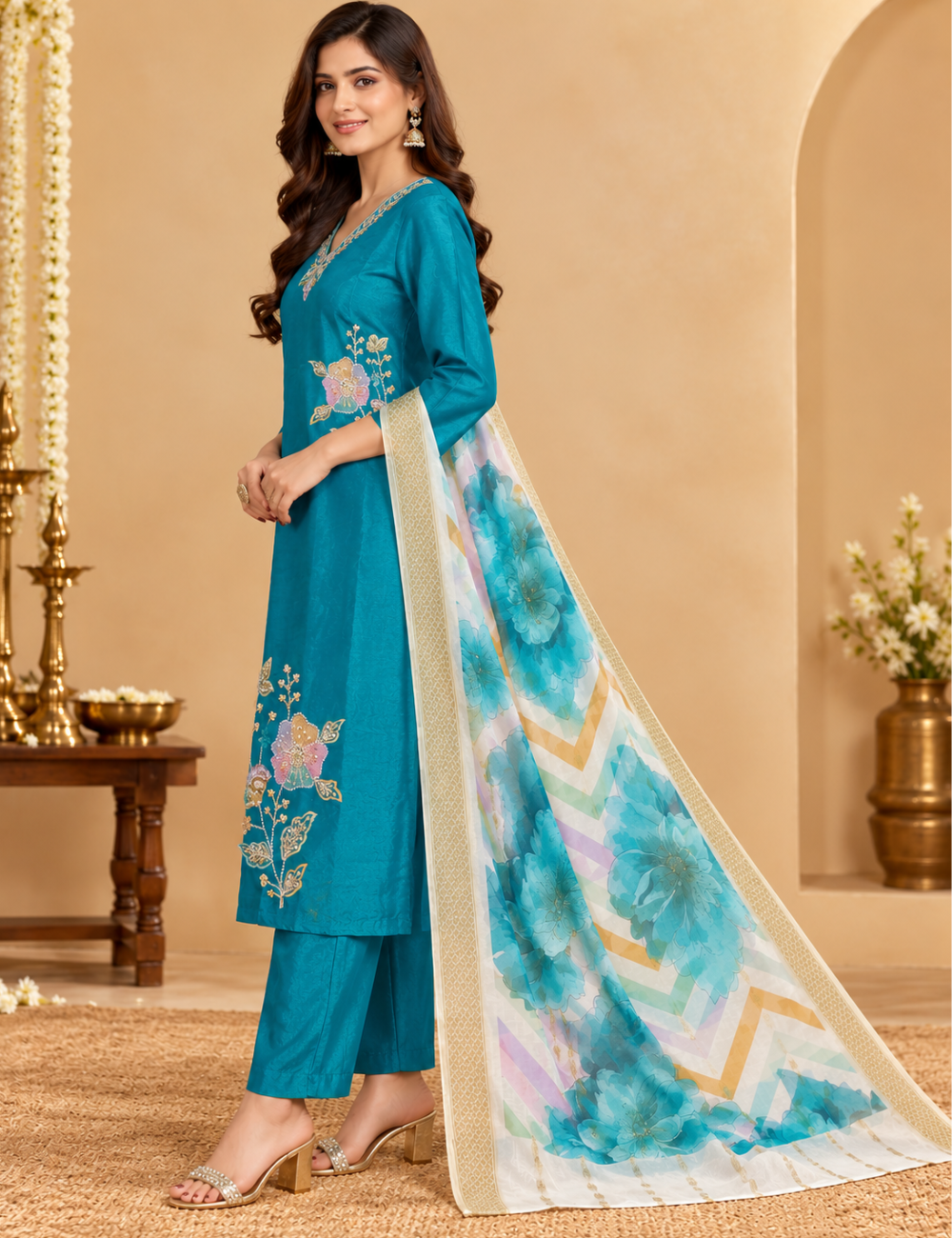 Azure Blue Embroidered 3 Pc's Kurti: Matching Trousers & Digital Printed Dupatta Set HC3P03
