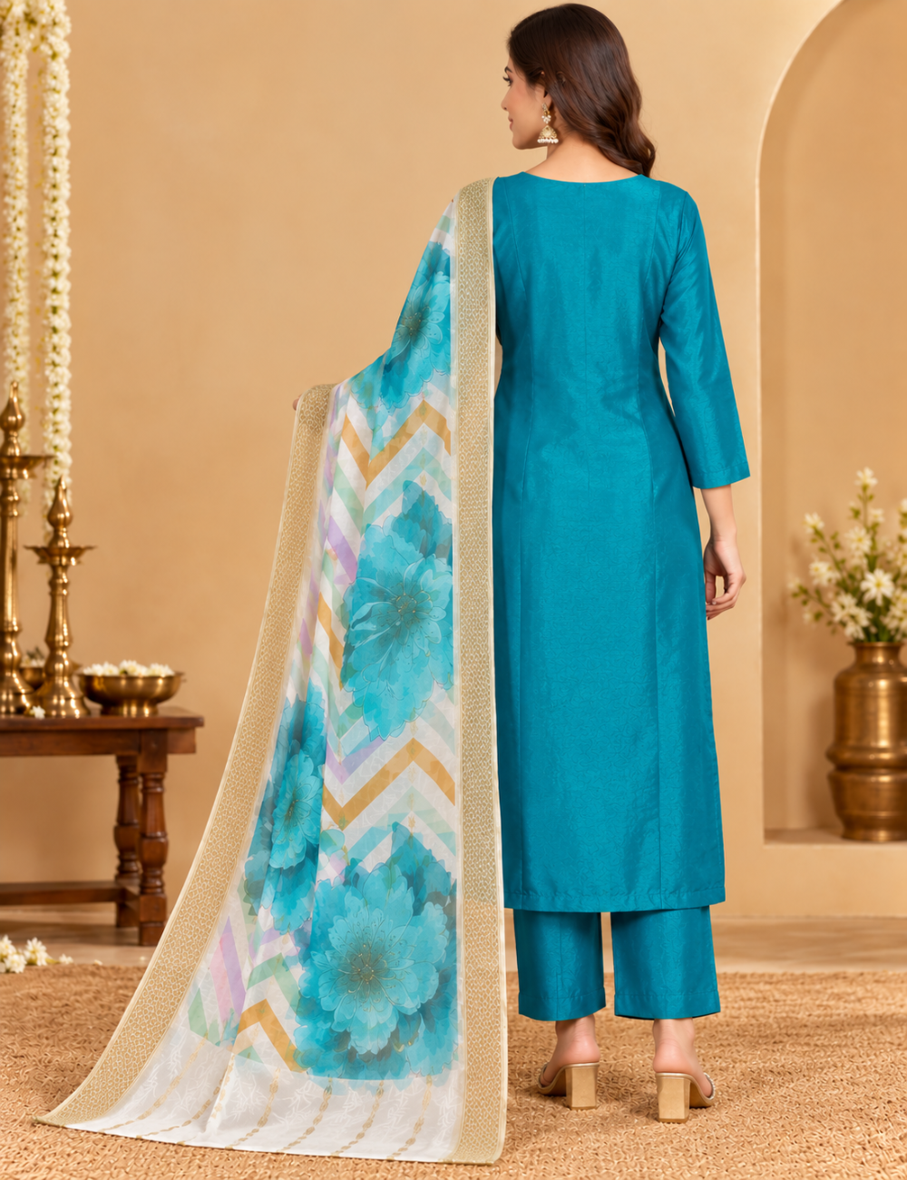 Azure Blue Embroidered 3 Pc's Kurti: Matching Trousers & Digital Printed Dupatta Set HC3P03
