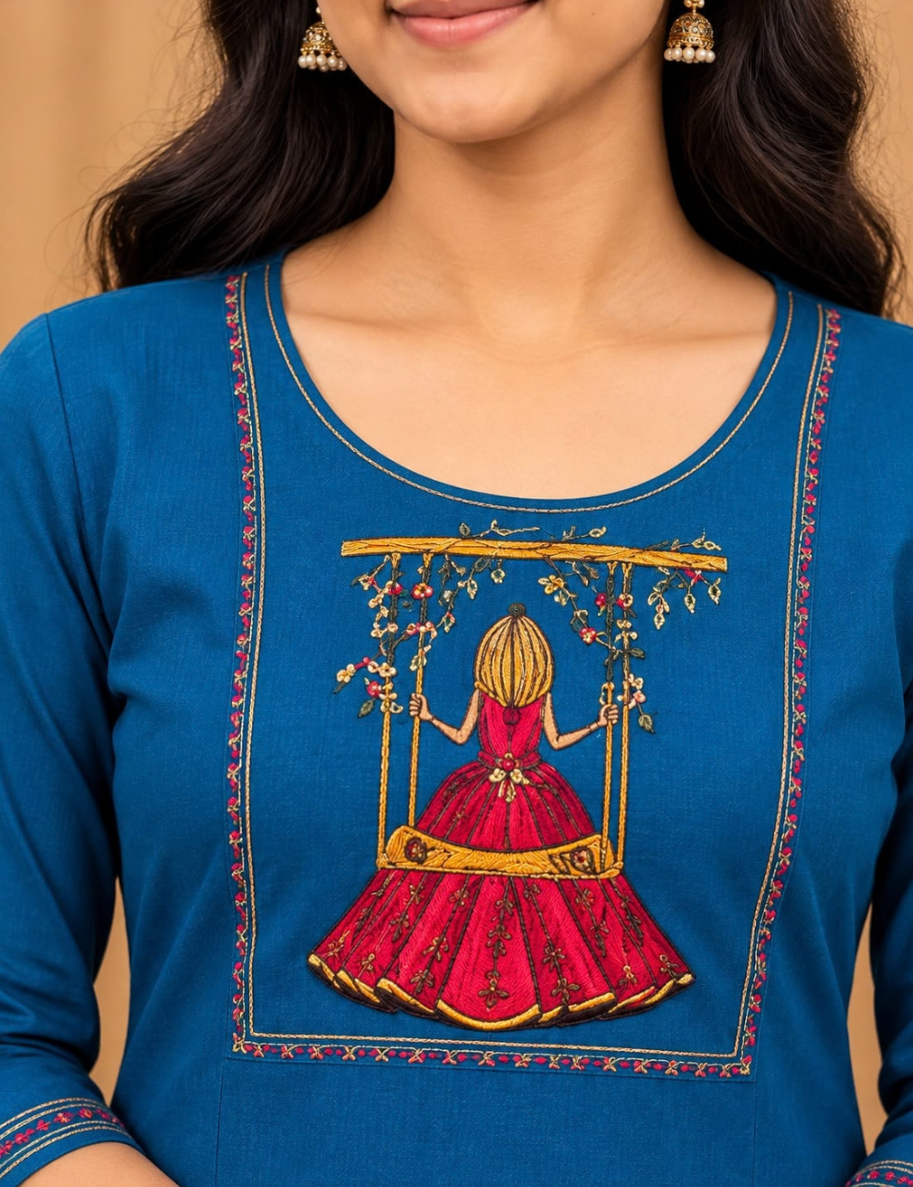 Azure Blue Avaasa Side Cut Kurti with Unique Swing Girl Embroidery HCK21