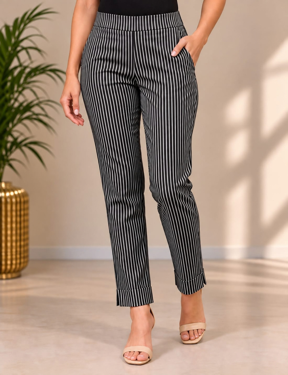 Black Colour Free Size Popcorn Stretchable Straight Pants HCB17