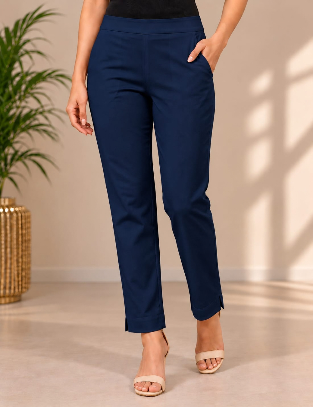 Blue Colour Cotton Mixed Rayon Stretchable Straight Pant HCB12