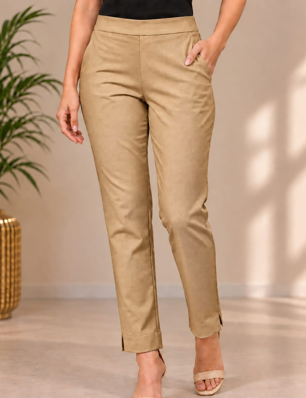 Caramel Brown Colour Rayon Mixed Cotton Stretchable Straight Pants HBC07