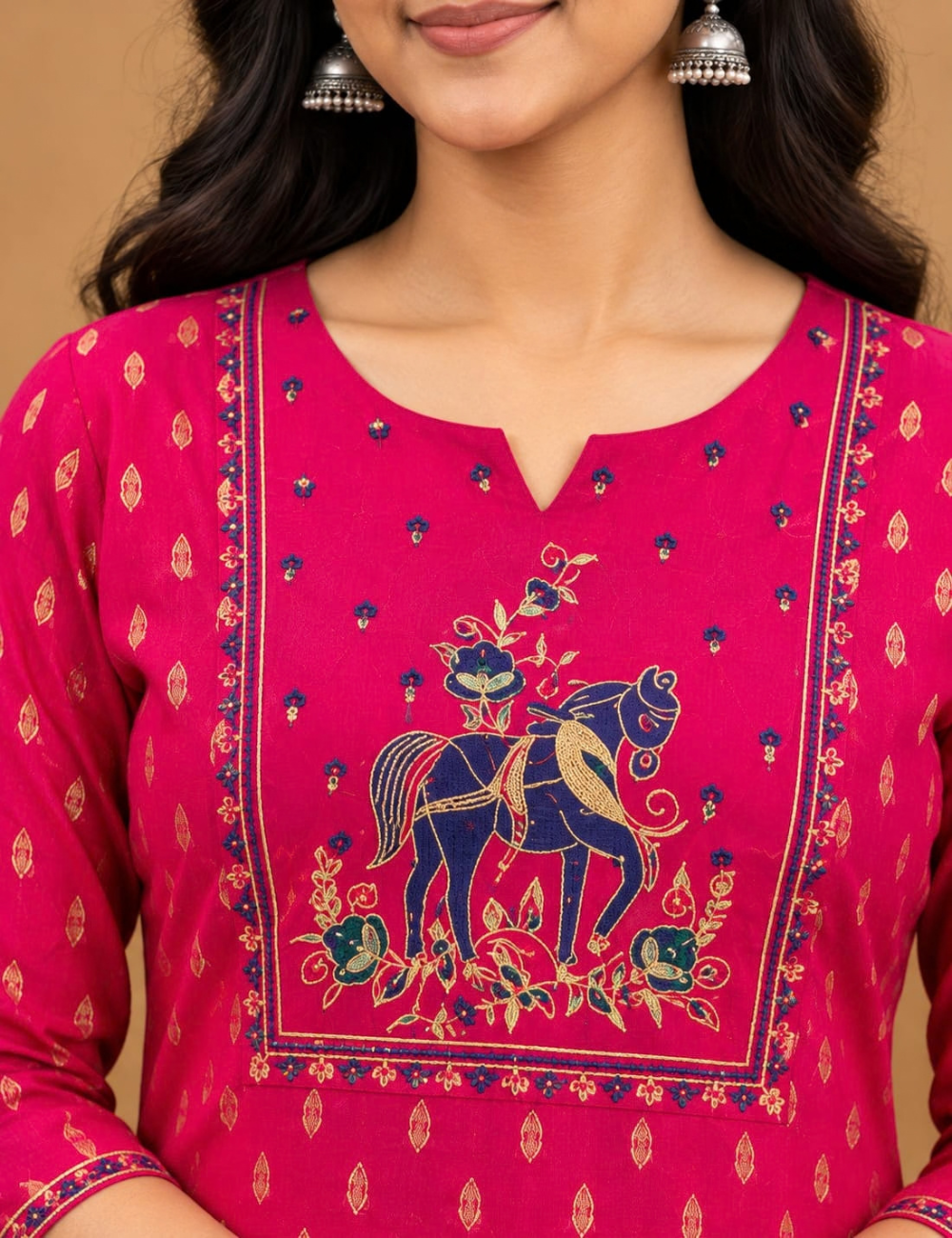 Crimson Pink Avaasaa Side Cut Kurti with Royal Horse Embroidery HCK23