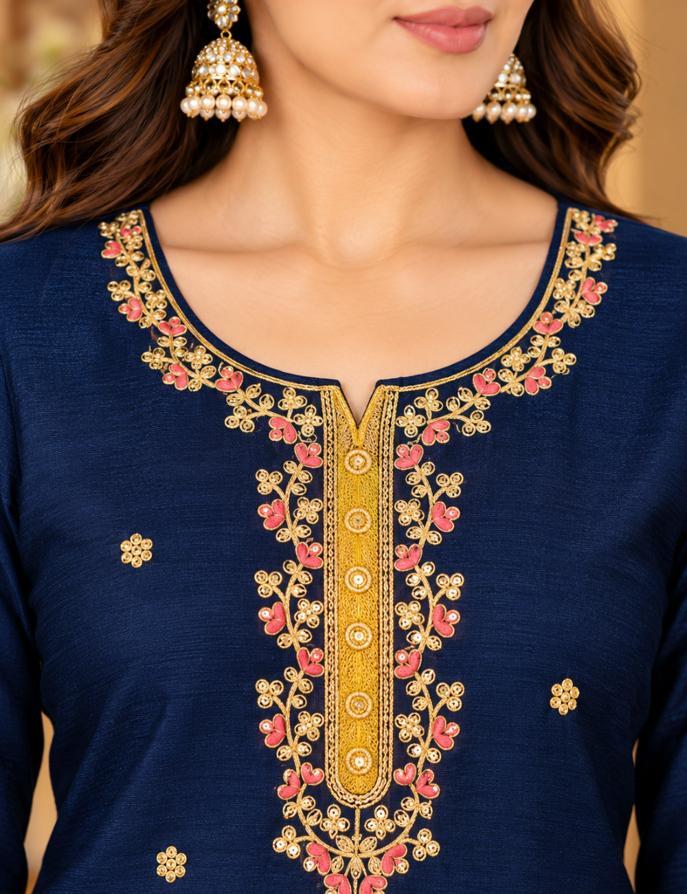 Dark Blue Vichitra Silk Embroidered Side Cut Kurti with Lining HCK07