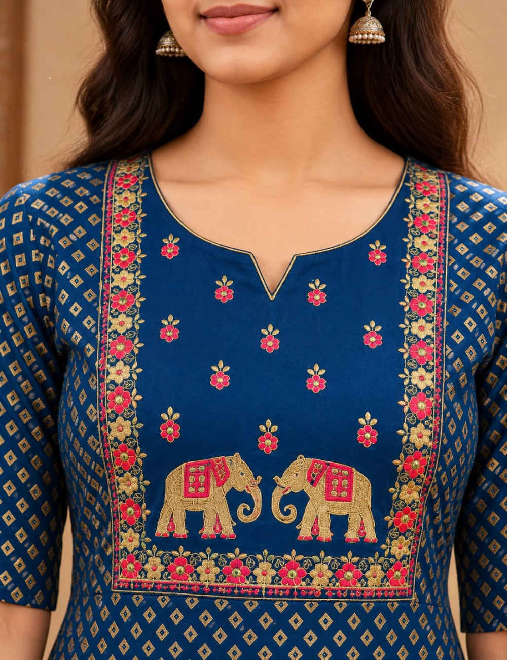 Dark Blue Avaasa Side Cut Kurti with Elephant & Floral Embroidery HCK28