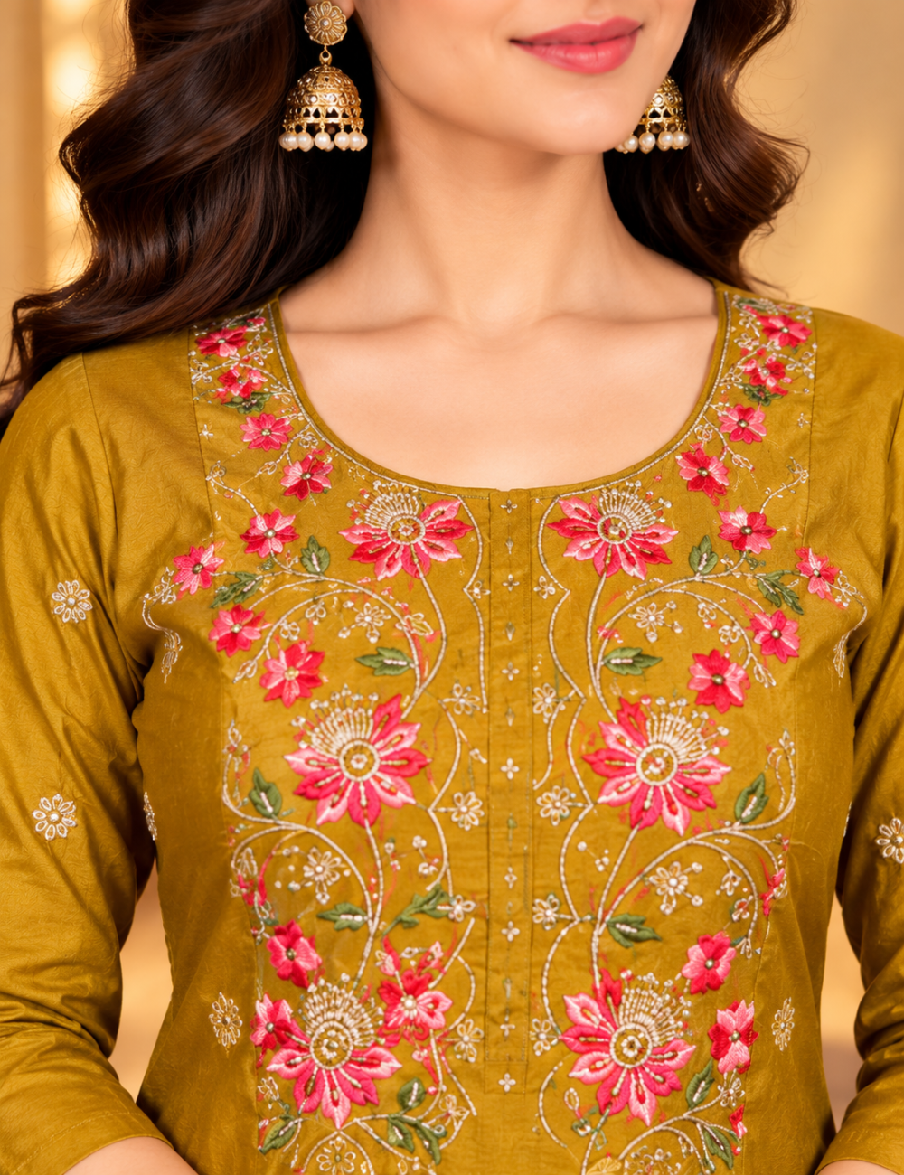 Dark Goldenrod Vichitra Silk Embroidered Side Cut Kurti with Lining HCK06