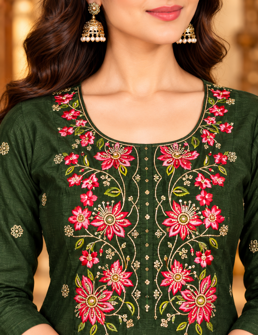 Dark Olive Green Vichitra Silk Embroidered Side Cut Kurti with Lining HCK04
