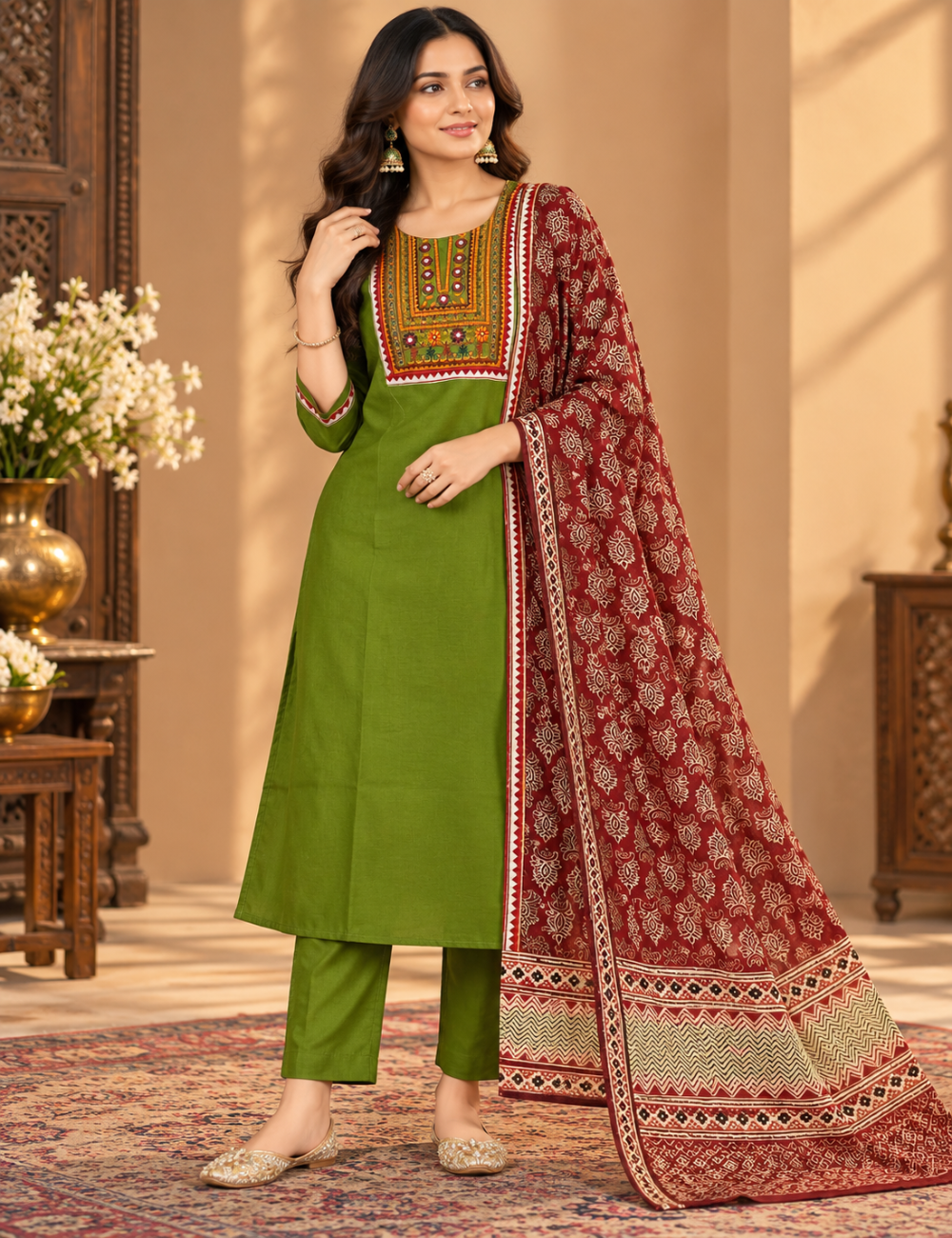 Olive Green Dhabbu Cotton 3-Piece Set: Mirror Work Yoke & Maroon Printed Dupatta HC3P39