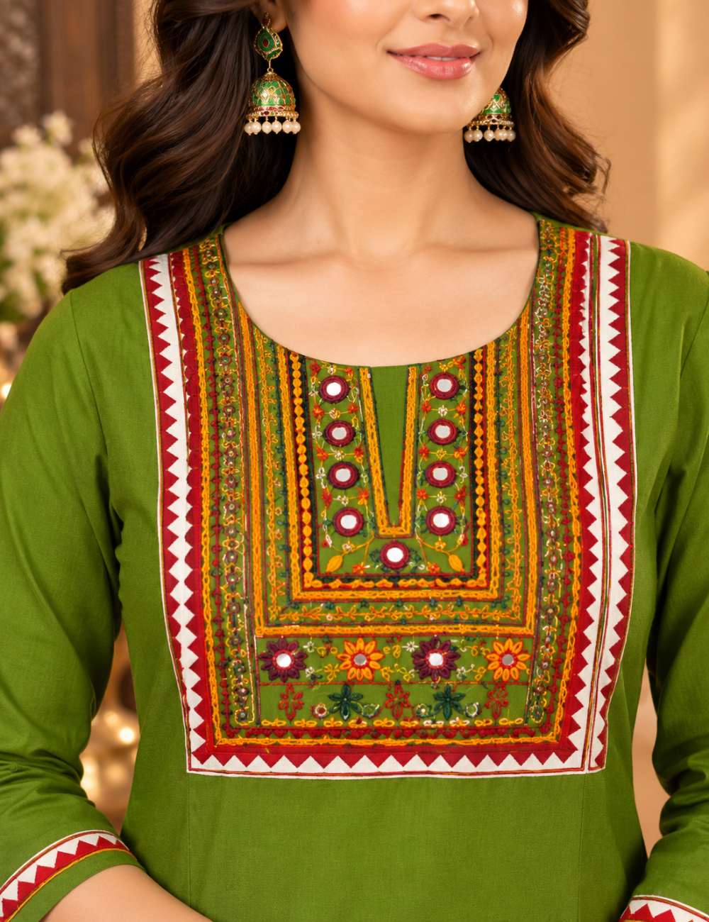 Olive Green Dhabbu Cotton 3-Piece Set: Mirror Work Yoke & Maroon Printed Dupatta HC3P39