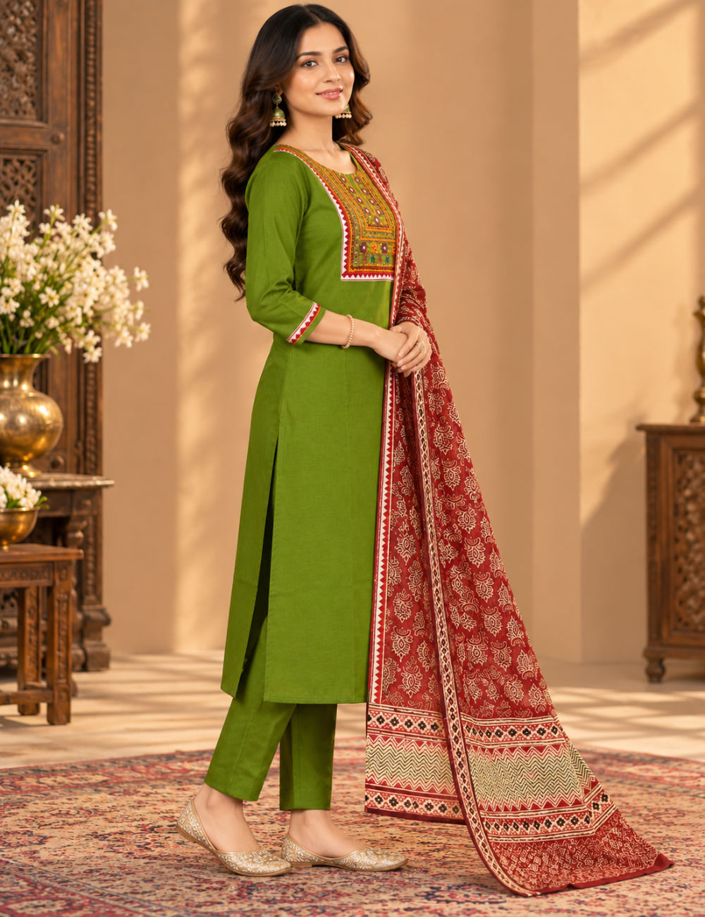 Olive Green Dhabbu Cotton 3-Piece Set: Mirror Work Yoke & Maroon Printed Dupatta HC3P39