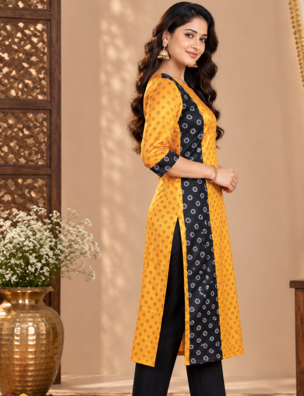 Mustard Yellow and Black Printed Festive Silk Kurti HCK18