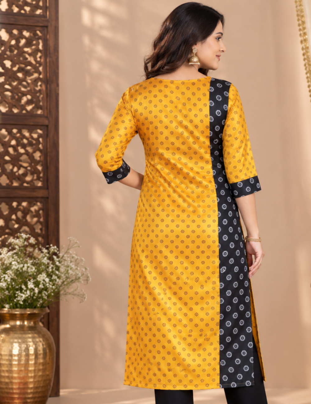 Mustard Yellow and Black Printed Festive Silk Kurti HCK18