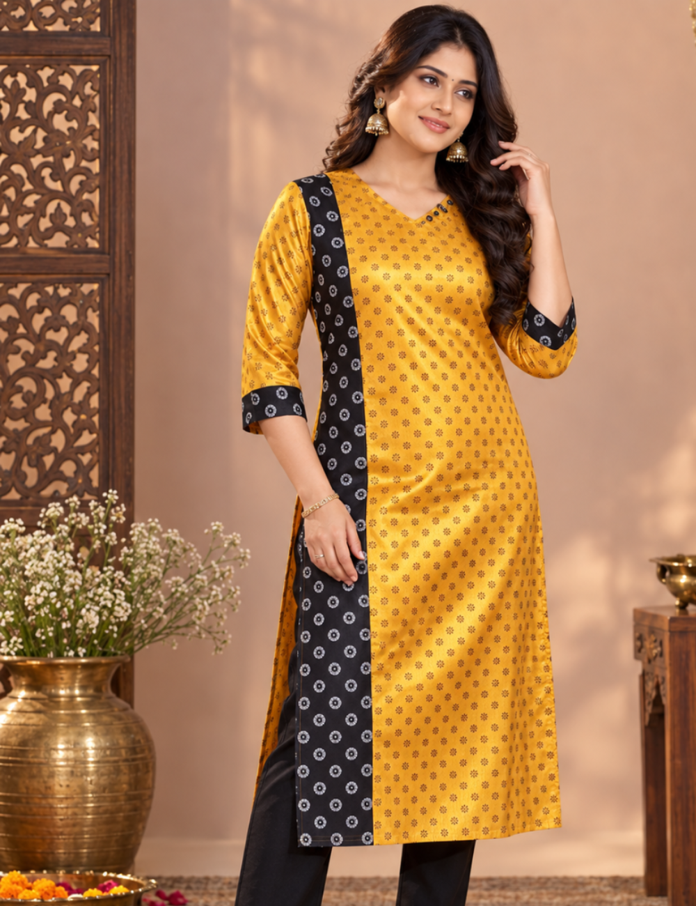 Mustard Yellow and Black Printed Festive Silk Kurti HCK18