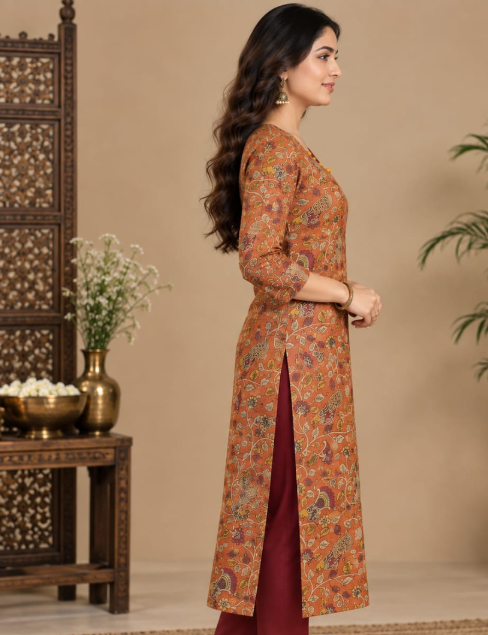 Rust Orange and Maroon Printed Tissue Kurti with Lining HCK20