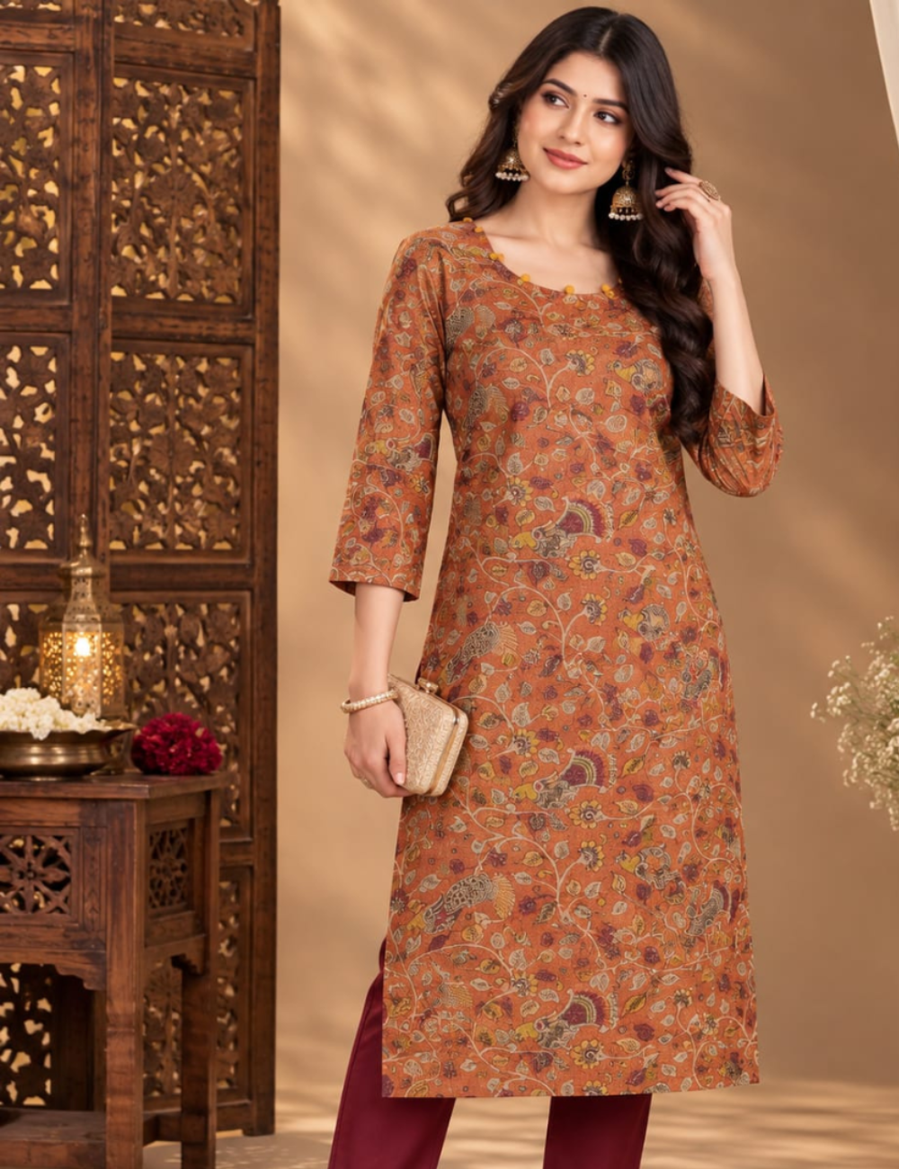 Rust Orange and Maroon Printed Tissue Kurti with Lining HCK20