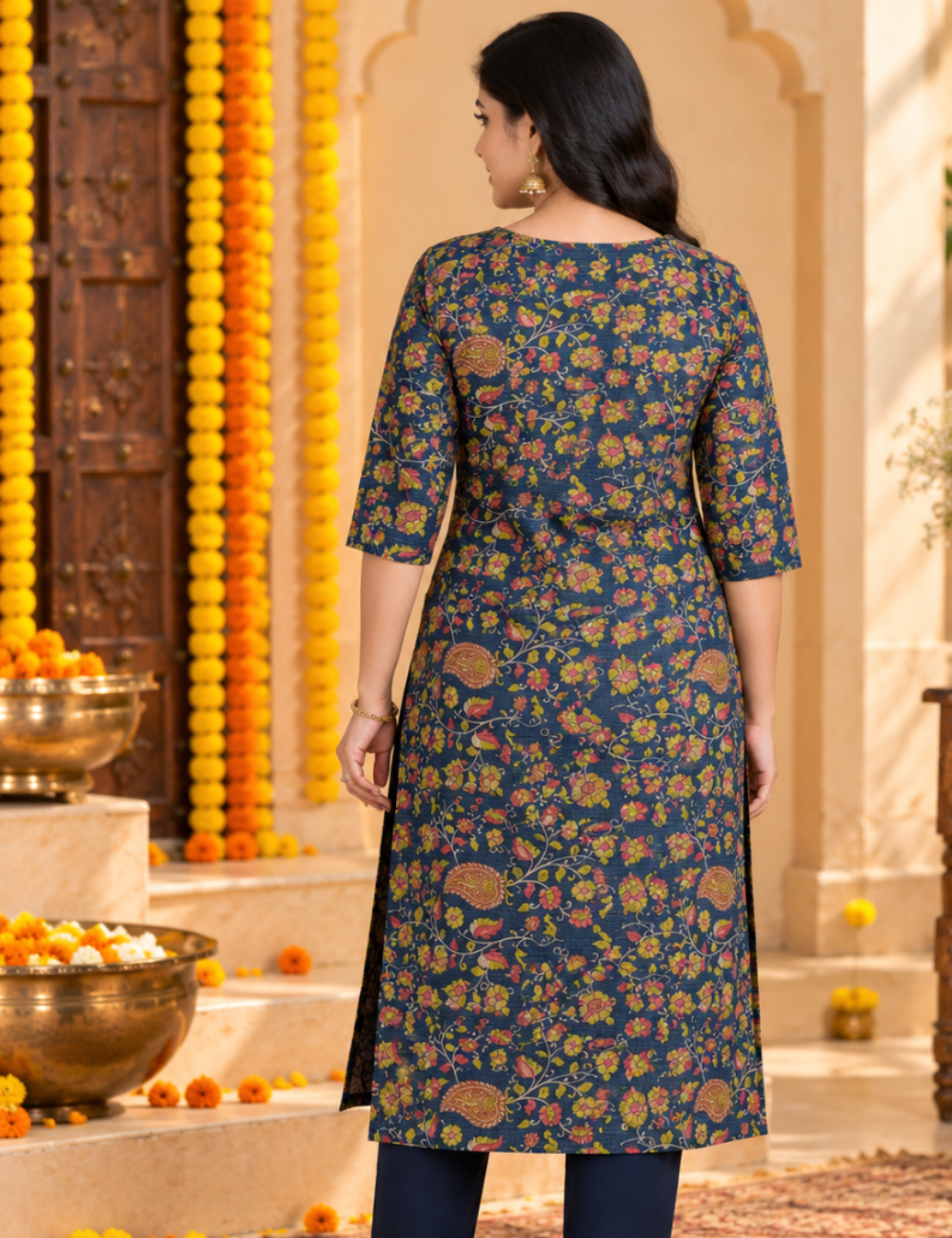 Navy Blue Floral Printed Tissue Fabric Straight Kurti with Lining HCK19