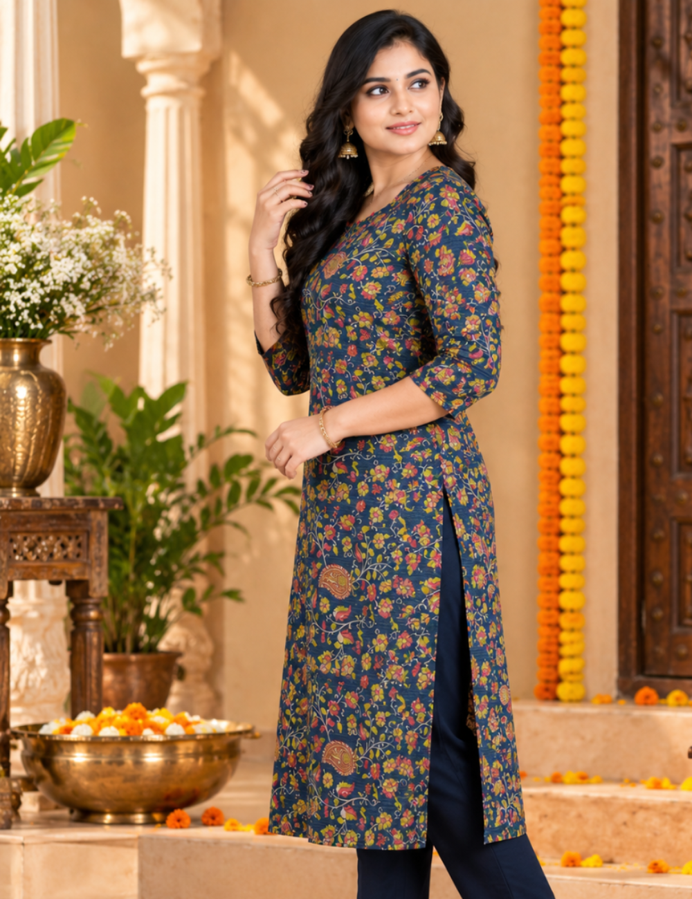 Navy Blue Floral Printed Tissue Fabric Straight Kurti with Lining HCK19