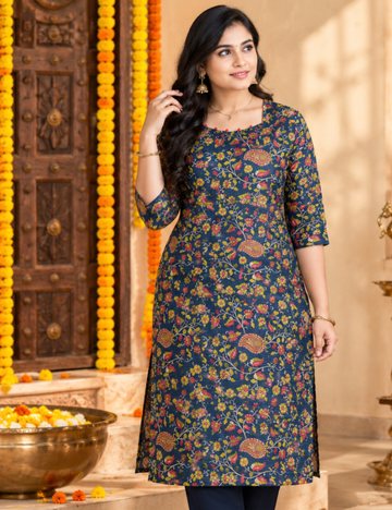 Navy Blue Floral Printed Tissue Fabric Straight Kurti with Lining HCK19