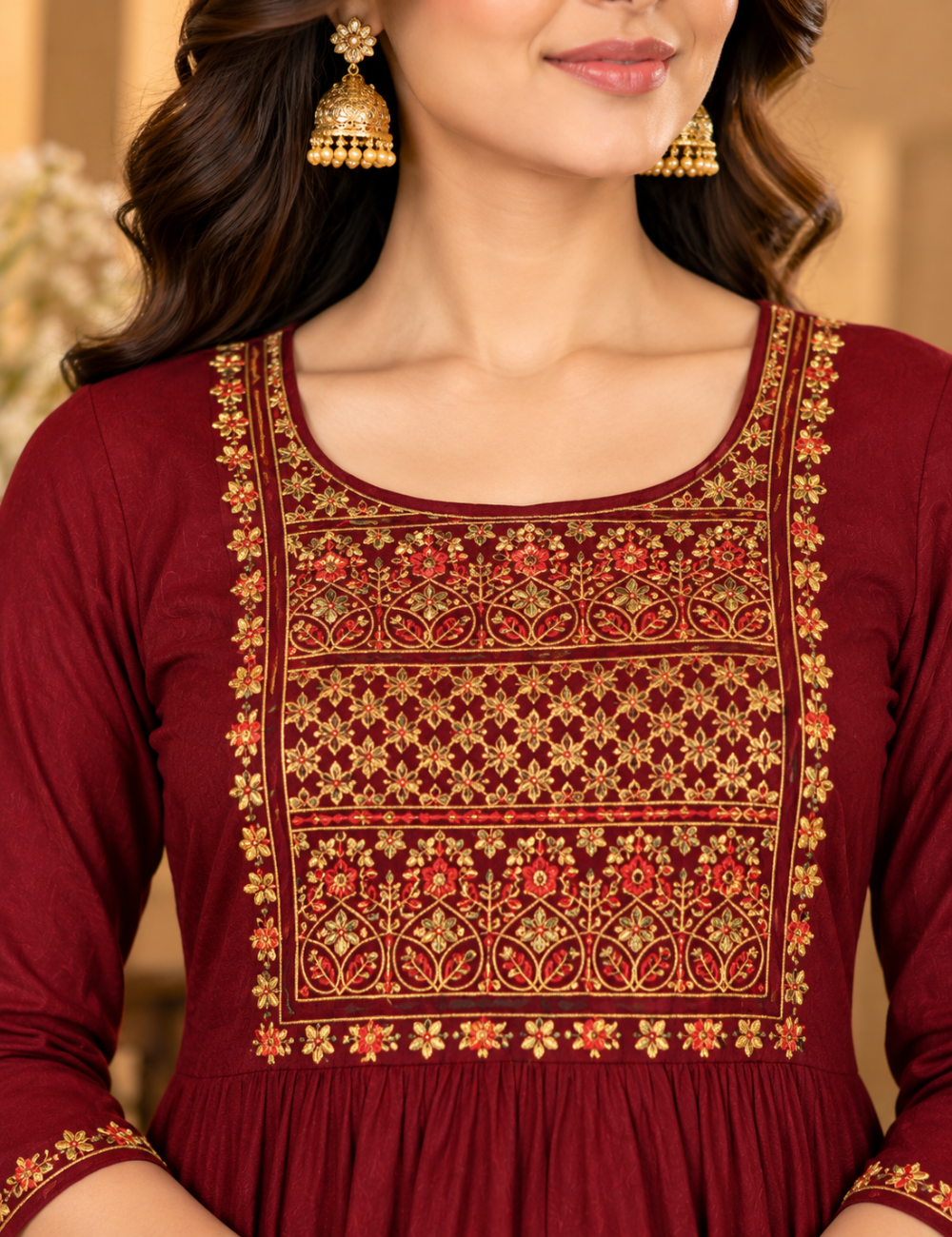 Maroon Vatican Embroidered Flared Umbrella Kurti HCU03