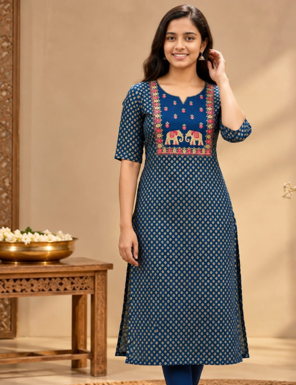 Dark Blue Avaasa Side Cut Kurti with Elephant & Floral Embroidery HCK28