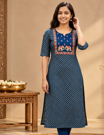 Dark Blue Avaasa Side Cut Kurti with Elephant & Floral Embroidery HCK28