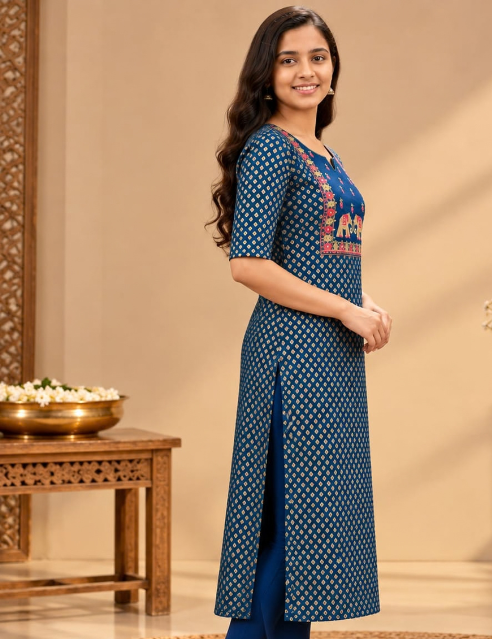Dark Blue Avaasa Side Cut Kurti with Elephant & Floral Embroidery HCK28