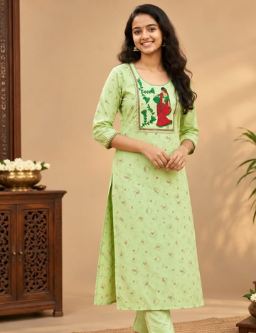Pista Green Avaasa Side Cut Kurti with Traditional Village Woman Embroidery HCK24