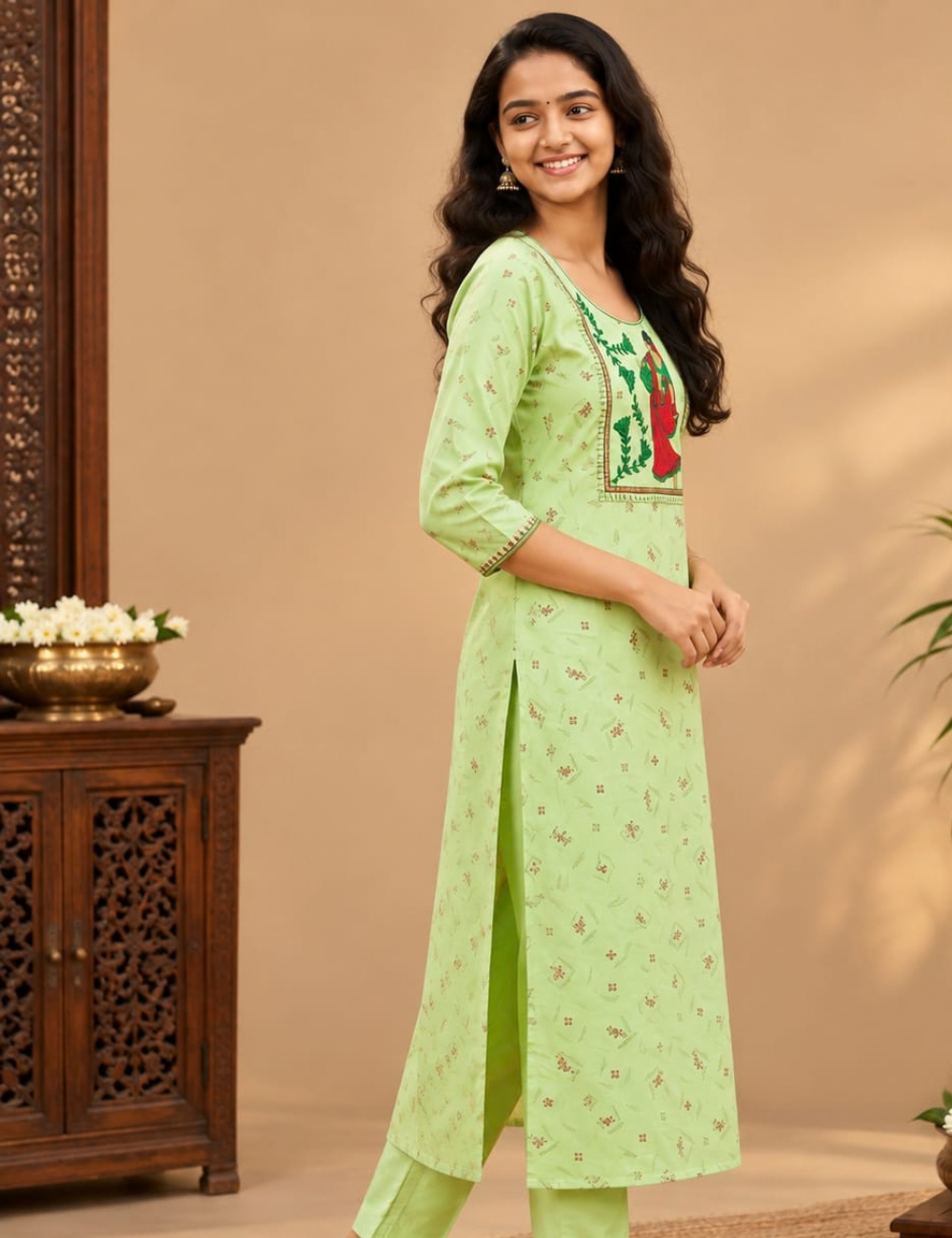 Pista Green Avaasa Side Cut Kurti with Traditional Village Woman Embroidery HCK24