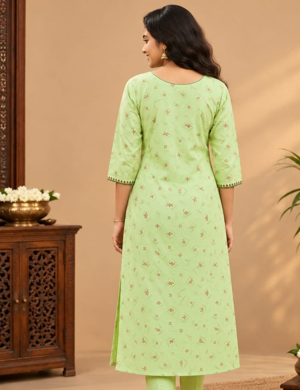 Pista Green Avaasa Side Cut Kurti with Traditional Village Woman Embroidery HCK24