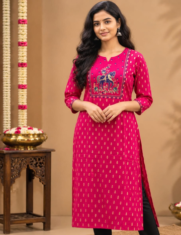 Crimson Pink Avaasaa Side Cut Kurti with Royal Horse Embroidery HCK23